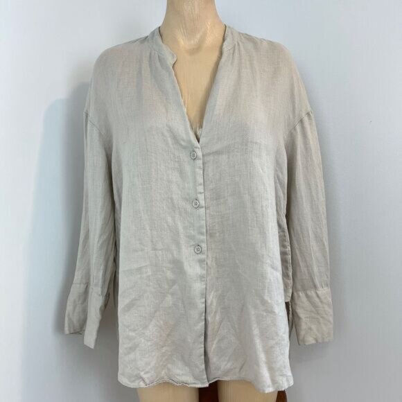 Zara Tops - Zara Women's Small Beige Grey Linen Blend Long Sleeve Button Down Shirt Peasant